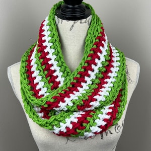 Crochet scarf, red green and white striped infinity scarf, Christmas scarf, holiday scarf