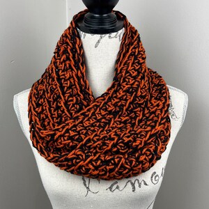 Halloween crochet scarf, black orange mix crochet infinity scarf, loop scarf