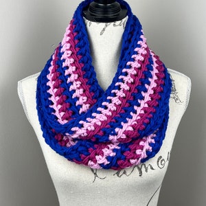 Crochet infinity scarf, blue pink orchid striped infinity scarf