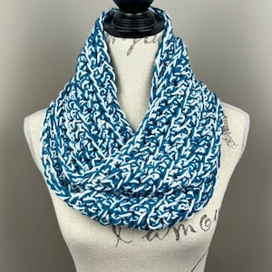 Crochet scarf, teal white mix infinity scarf