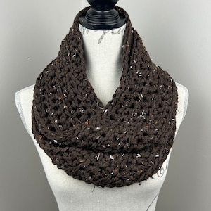 Crochet Scarf, Infinity Scarf brown tweed knit scarf