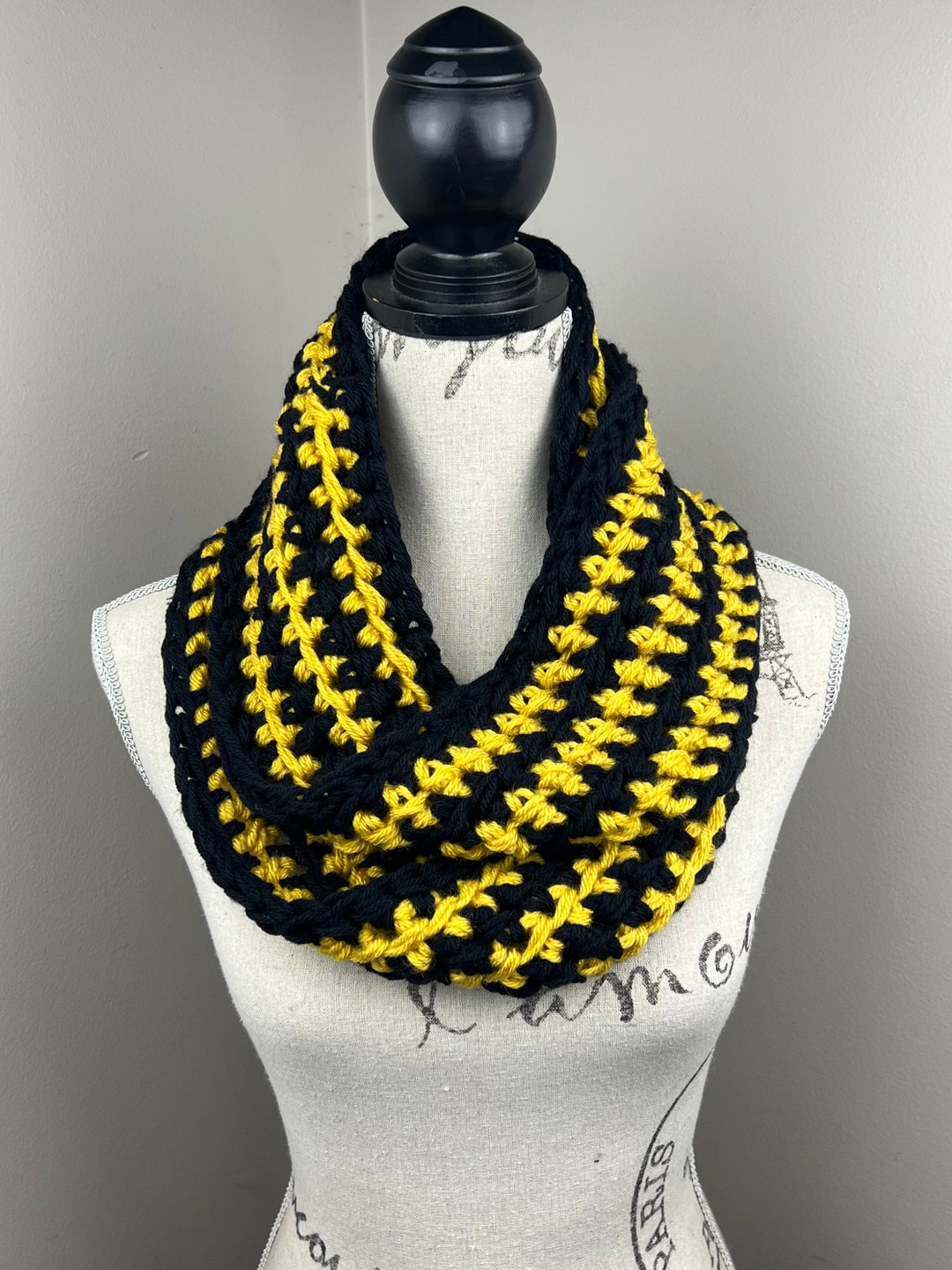 Crochet Infinity Scarf, Crochet Scarf Yellow Black Stripe - Etsy