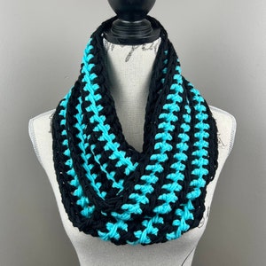 Crochet infinity scarf, handmade black striped scarf