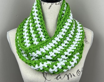 Infinity scarf, St. Patrick’s Day scarf, crochet green and white striped Christmas knit scarf