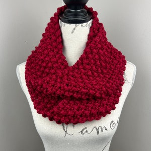 Knit Infinity Scarf, cranberry red chunky knit loop scarf