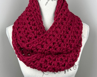 Crochet infinity scarf, crochet scarf in cranberry red