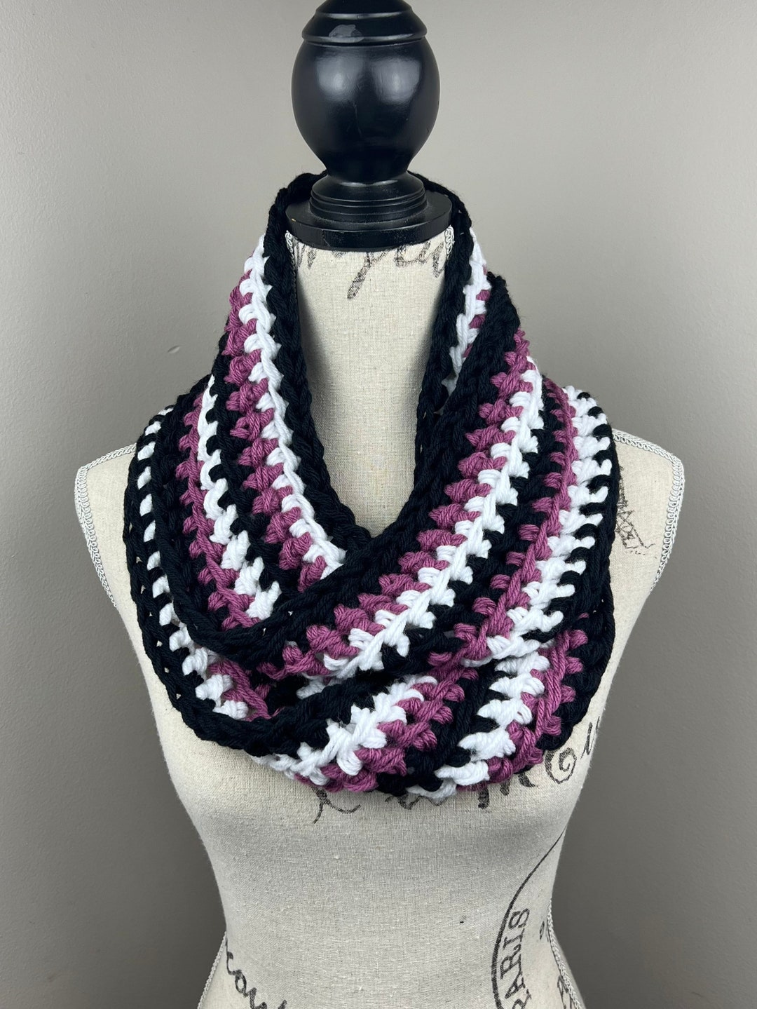 Crochet Infinity Scarf, Crochet Black Eggplant White Striped Scarf - Etsy