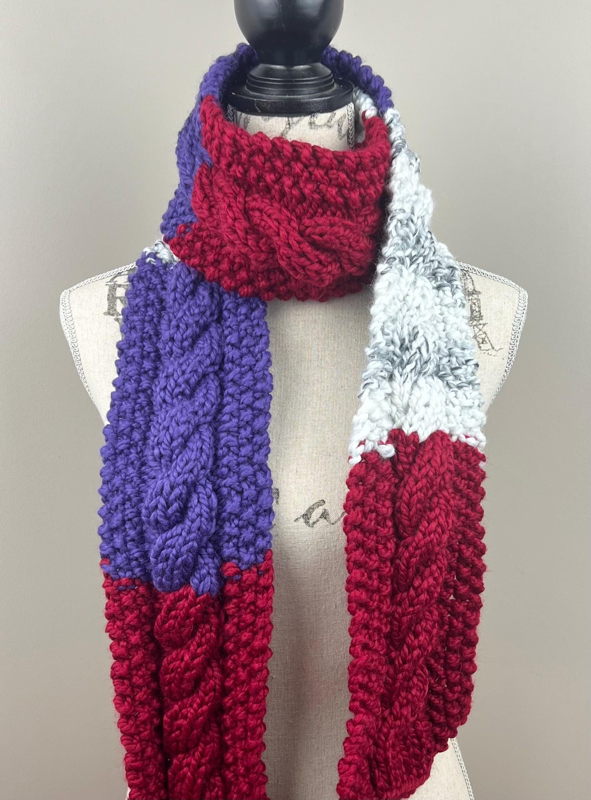 Knit Scarf, Red White Black Purple Cable Knit Chunky Knitted