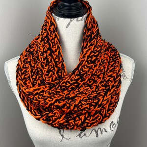 Halloween crochet scarf, black bright orange mix crochet infinity scarf, loop scarf
