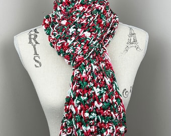 Christmas scarf, crochet scarf red green white metallic, holiday scarf