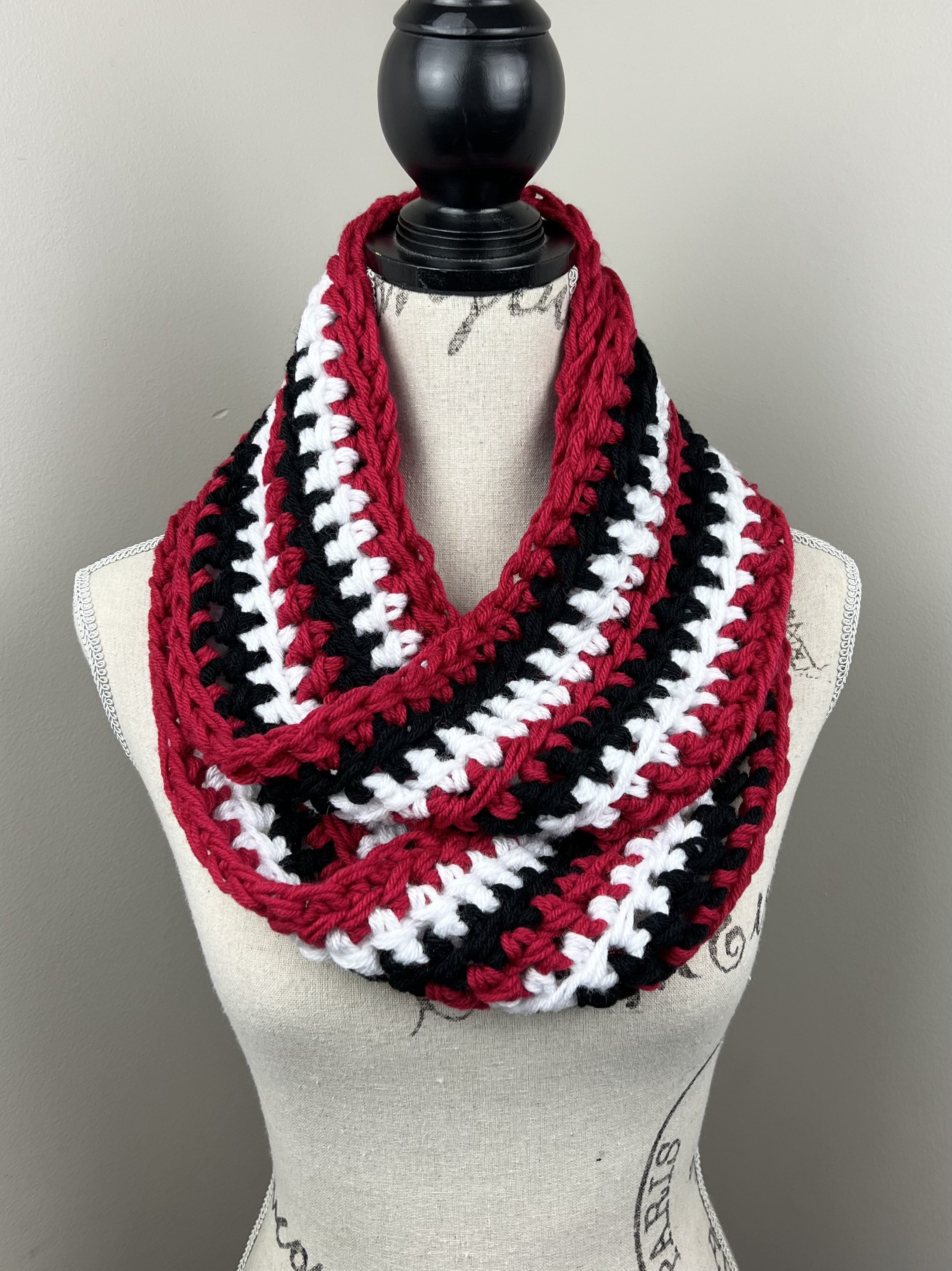 Crochet Scarf, Cherry Red Black White Striped Infinity Loop