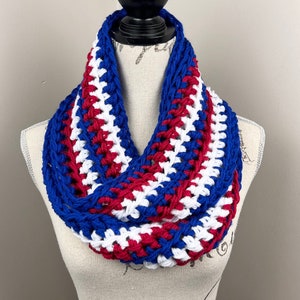 Crochet Scarf, red white blue striped patriotic infinity scarf, Fourth of July scarf, Independence Day Scarf