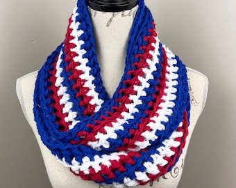 Crochet Scarf, red white blue striped patriotic infinity scarf, Fourth of July scarf, Independence Day Scarf