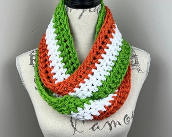 Crochet scarf, St. Patrick’s Day infinity scarf, green orange white striped chunky infinity loop crochet scarf