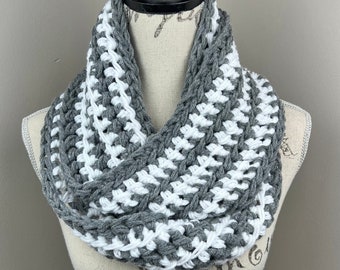 Infinity scarf, grey white chunky crochet scarf