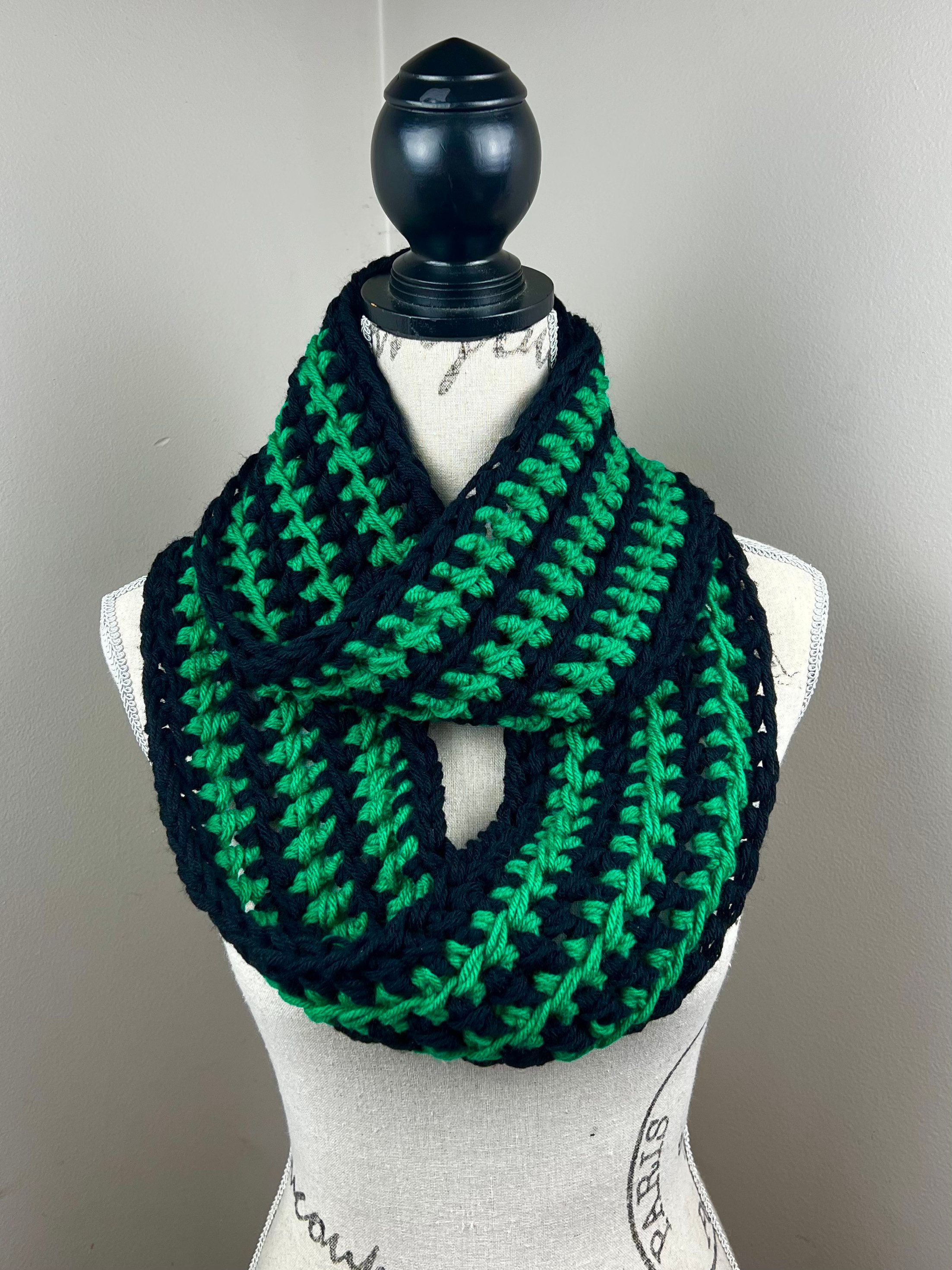Crochet Scarf, Black and Green Striped Infinity Scarf - Etsy