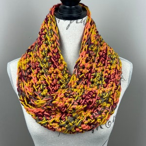 Crochet Scarf, mustard yellow orange burgundy olive mixed infinity scarf, multicolor crochet scarf
