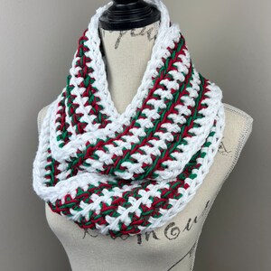 Crochet Scarf, Red Green Mix and White Striped Infinity Scarf