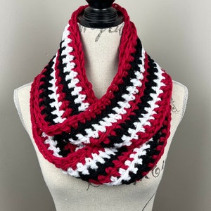 Crochet scarf, cherry red black white striped infinity loop crochet scarf