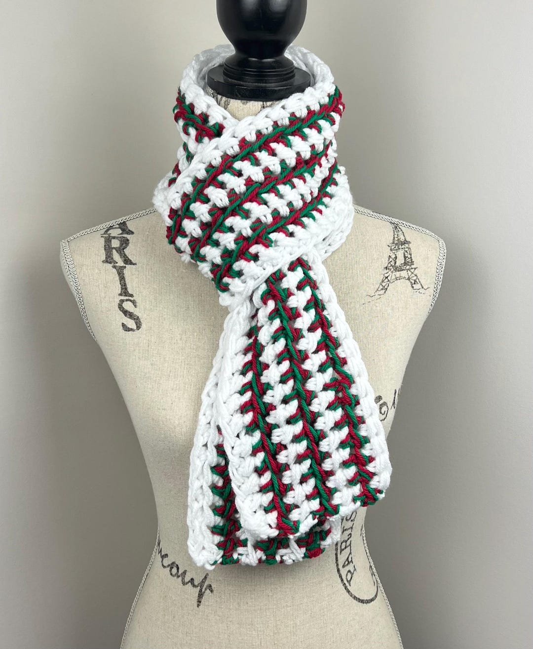 Crochet Scarf, Red Green Mix and White Striped Open Ended Scarf ...