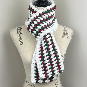 Crochet scarf, red green mix and white striped open ended scarf, Christmas scarf, holiday scarf