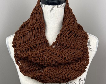 Knit scarf, chunky brown infinity scarf