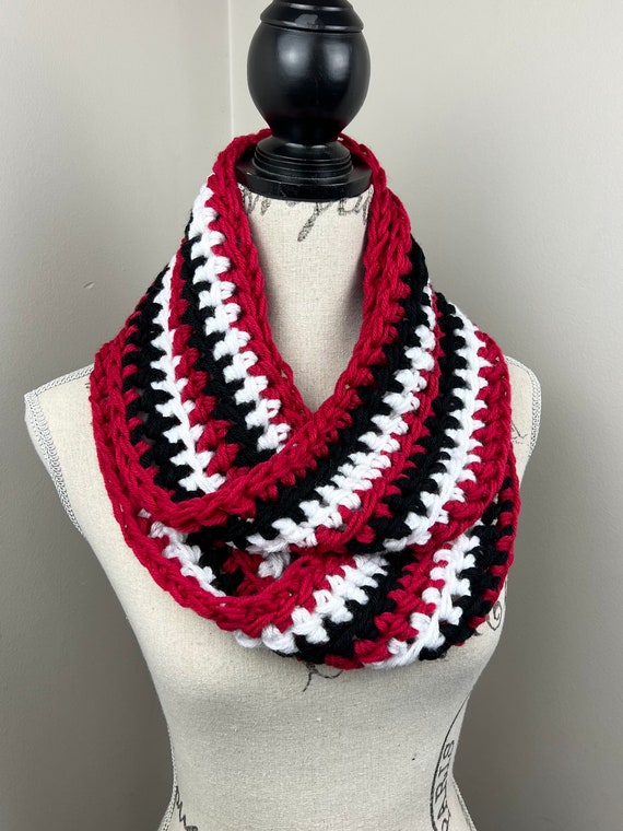 Crochet Scarf, Cherry Red Black White Striped Infinity Loop