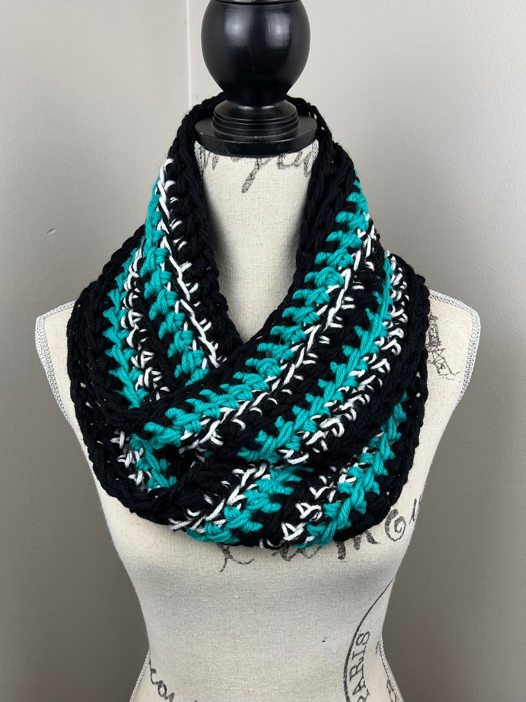 Crochet Infinity Scarf, Teal Black White Striped Infinity Scarf - Etsy