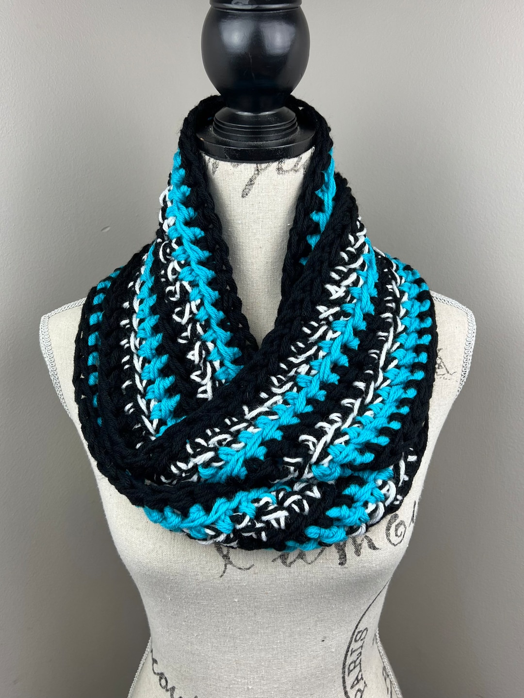 Crochet Scarf, Black White Blue Striped Infinity Scarf - Etsy