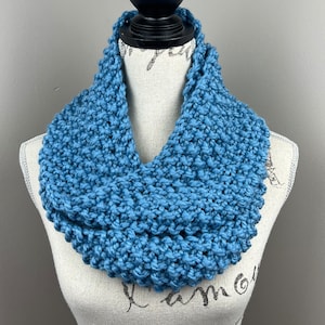 Knit infinity scarf, blue knitted loop scarf