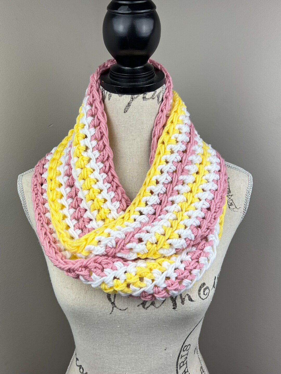 Crochet Infinity Scarf, Chunky Pink White Yellow Striped Scarf - Etsy