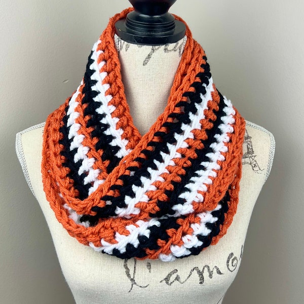 Crochet scarf, orange black white striped chunky infinity loop crochet scarf