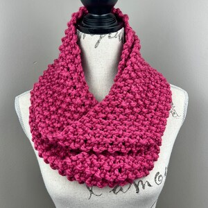Knitted infinity scarf, knit scarf in raspberry