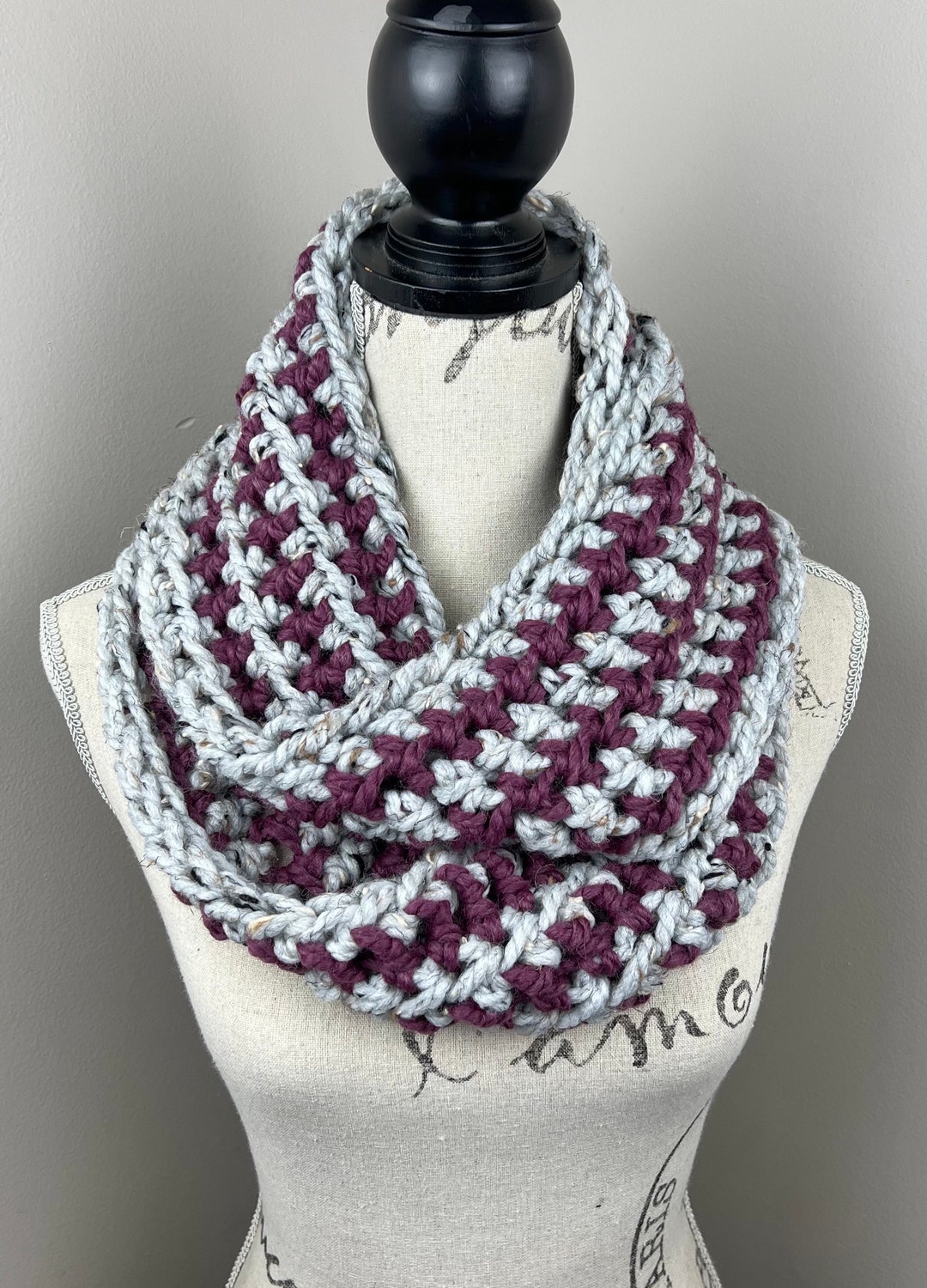 Crochet Infinity Scarf, Crochet Scarf Grey Marble and Fig Striped - Etsy