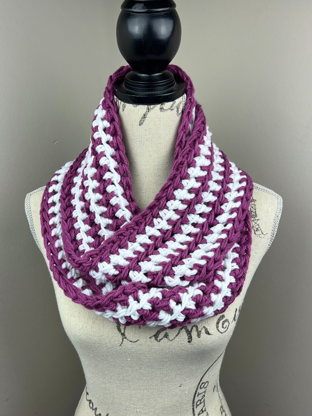 Crochet Infinity Scarf, Eggplant White Striped Scarf - Etsy