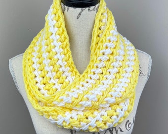 Infinity Scarf, chunky crochet white yellow striped scarf