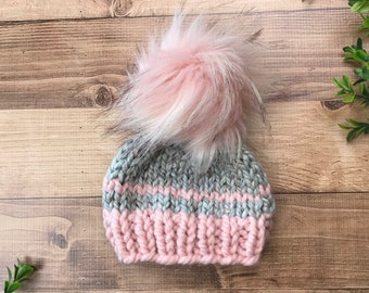 Baby girl knit hat, pink grey newborn baby girl hat, chunky knit hat with pom