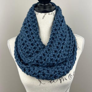 Crochet Scarf, handmade infinity scarf denim blue