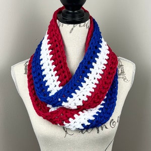 Crochet scarf, patriotic scarf, blue red white striped infinity scarf, fourth of July scarf, Independence Day Scarf