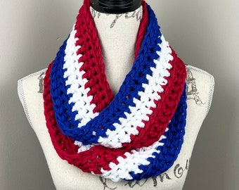 Crochet scarf, patriotic scarf, blue red white striped infinity scarf, fourth of July scarf, Independence Day Scarf