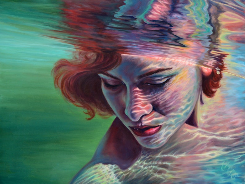 Art Print Transcendence 18x24 Underwater Portrait Painting Signed zdjęcie 1