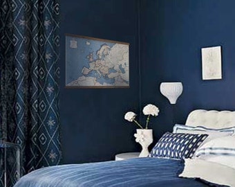 Blue map of Europe 1950, Ready to hang map, Beech tree wooden pull down frame, East West Germany