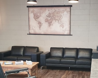 Luxury wall decor 2025, World map of today, 74'' x 48'', 190 x 120 cm, Elegant black satin edges, Ancient scrolls, 50th birthday gift
