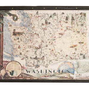 Washington - The Evergreen state pictorial map, 42'' x 28'' , Superb canvas map details, Antique pull down frame, Nice entryway decor