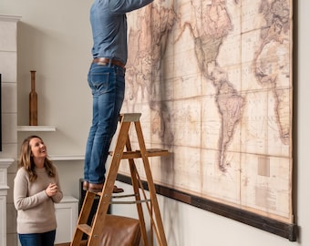 Giant World Map Canvas Painting: Reclaimed Wood & Steel Wall Art