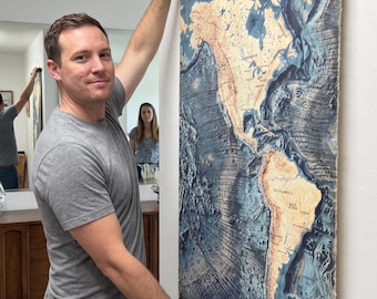 Americas Map Wall Art, Vintage Cotton Canvas, Antique Chestnut Rollers