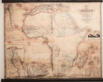 Antique Africa Map on cotton cloth: 1848 African Wall Art with Wood Frame
