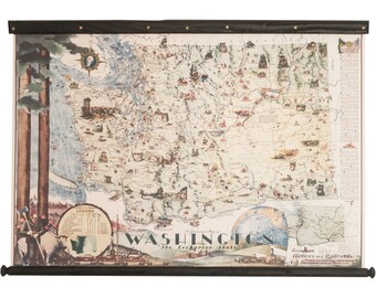 Washington - The Evergreen state pictorial map, 42'' x 28'' , Superb canvas map details, Antique pull down frame, Nice entryway decor