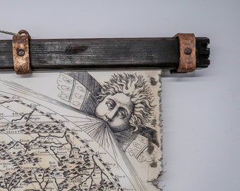 Unique terra incognita map, medieval canvas decor with iron weapon, rusty hardware and ancient wood