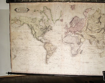 Interesting greenish world map with iron straps, Victorian World 1831, Extra large world map, Gothic art